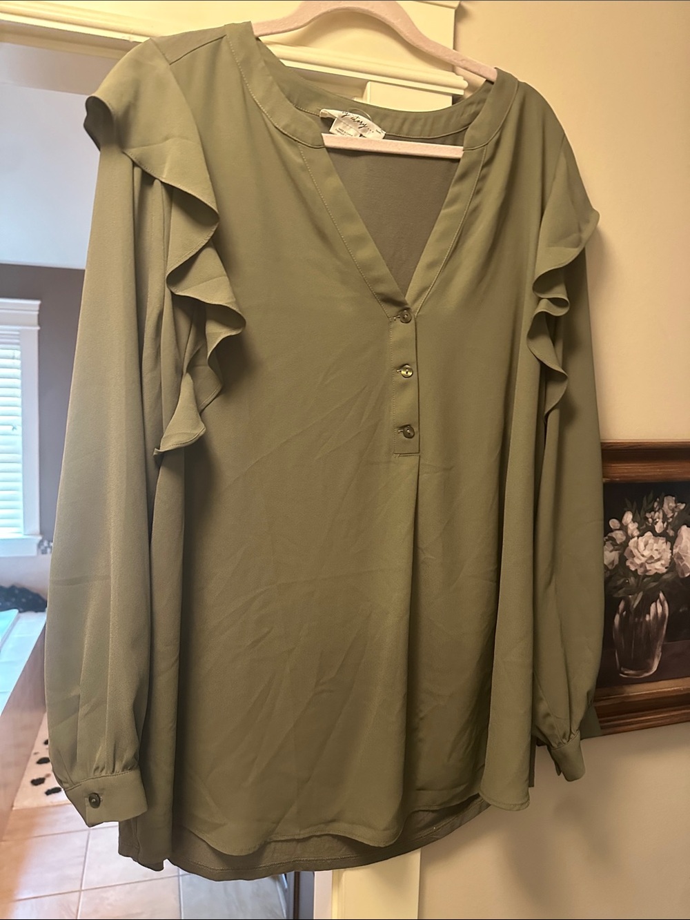 Penningtons Olive Green Ruffle Sleeve Blouse